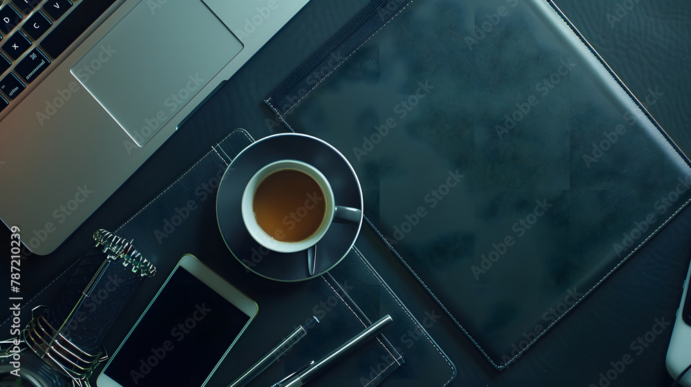Aufkleber office leather desk table with computer supplies and coffee cup top view with copy space : generativ