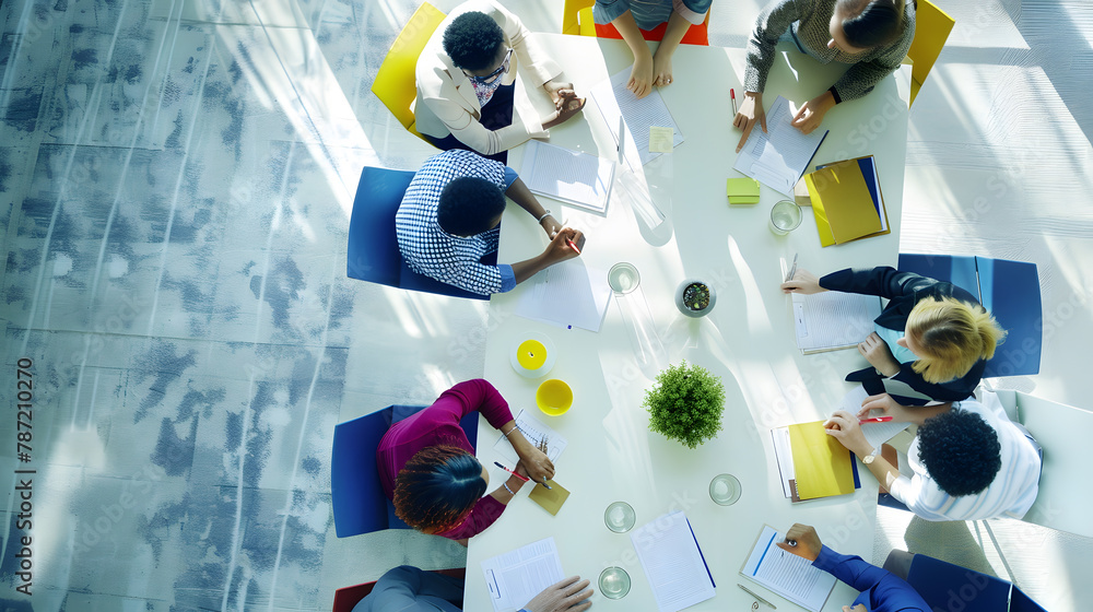 Aufkleber Top view of group of multiethnic busy people working in an office Aerial view with businessman and businesswoman sitting around a conference table with blank copy space Business meetin : Generative AI