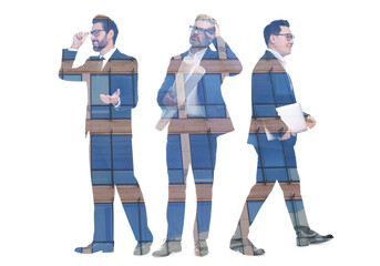 Double exposure of different businesspeople and office building