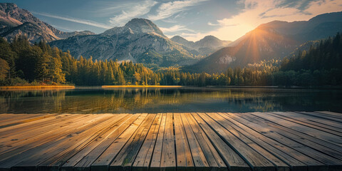 Wooden pier on the lake with the view of the mountains and forest at sunset - obrazy, fototapety, plakaty