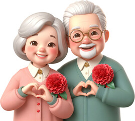 Happy grandmother and grandfather wearing carnation brooches on their chests_Grandparents' Day_Family Month