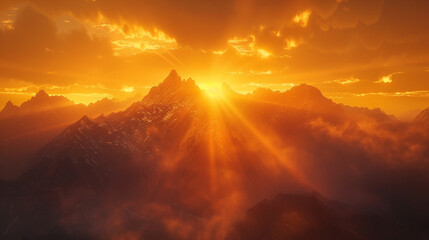 Golden rays cascade over the mountain peaks in a breathtaking display. 