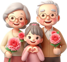 A happy grandmother, grandfather, and granddaughter wearing carnation brooches on their chests_Grandparents' Day_Family Month