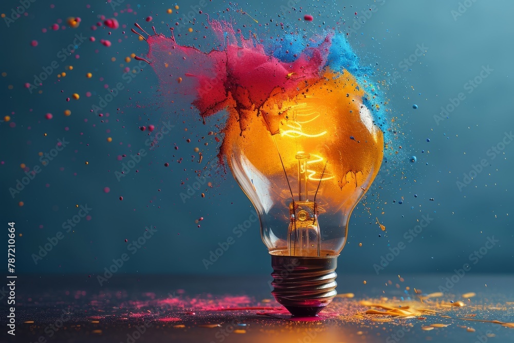 Poster an artistic representation of a light bulb with an explosion of vibrant colors symbolizing creativit