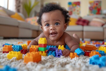A joyful infant lies on a carpet surrounded by colorful building blocks, with a playful and curious...