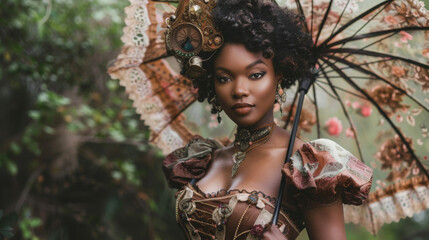 A captivating black woman enchants with her Victorian dreamscapes steampunkinspired attire. Her corseted gown is adorned with intricate lace and brocade details and her headpiece is .