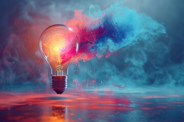 A light bulb glows amidst a magical swirl of red and blue smoke, creating a surreal and dreamy atmosphere - obrazy, fototapety, plakaty