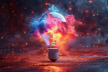 A captivating scene of a light bulb shattering with colorful smoke conveying a concept of broken ideas - obrazy, fototapety, plakaty