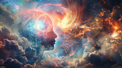 Heavenly realms intersect with quantum technology linking brain and time in ethereal harmony - obrazy, fototapety, plakaty