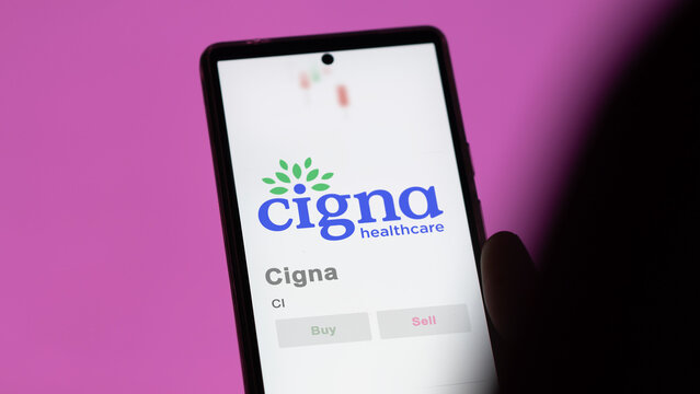 April 09th 2024 , Bloomfield, Connecticut. Close up on logo of Cigna on the screen of an exchange. Cigna price stocks, $CI on a device.