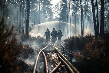 Two firefighters with hoses advance determinedly through a smoke-filled forest, combating a wildfire