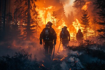 A trio of firefighters in gear walk towards a massive forest fire engulfing everything around - obrazy, fototapety, plakaty