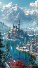 Fototapeta na wymiar Snowy mountains, lakes, castles, and flowers