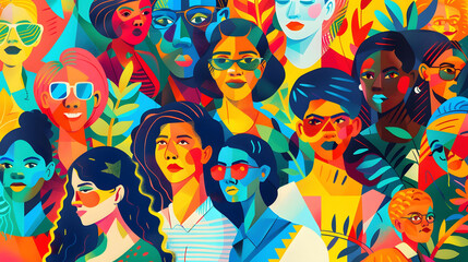 Multicolored close up illustration of a group of women with diverse faces , colorful character faces