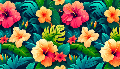Vivid tropical hibiscus pattern, ideal for summer fashion and beachwear, also for travel and hospitality industries, resonates with fun and relaxation. - obrazy, fototapety, plakaty