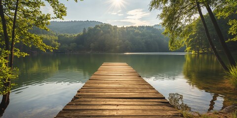 A tranquil scene displaying a wooden pier extending into a still lake surrounded by trees with warm sunlight filtering through - obrazy, fototapety, plakaty
