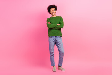Photo of happy smiling guy with crossed hands standing in casual outfit isolated pastel color background