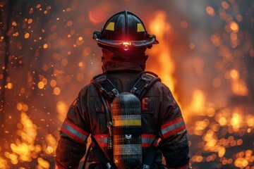 A heroic firefighter stands confidently against a backdrop of intense, raging fire symbolizing courage and risk
