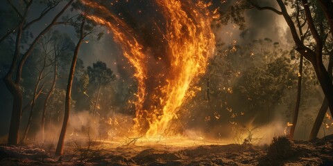 A devastating wildfire caught in the act, showcasing a vortex of flames engulfing the trees in a forest, evoking fear and awe - obrazy, fototapety, plakaty