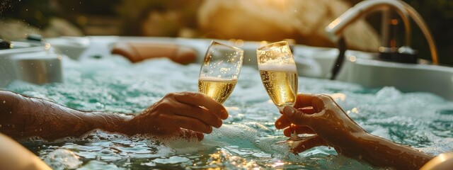 glasses with champagne on the background of the pool. Selective focus