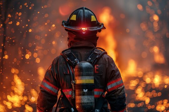 A heroic firefighter stands confidently against a backdrop of intense, raging fire symbolizing courage and risk