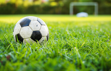 Soccer ball on green lawn, copyspace