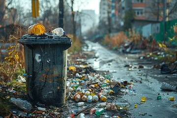 This bleak urban scene painfully highlights the pressing issue of littering and pollution, urging immediate action for environmental health - obrazy, fototapety, plakaty