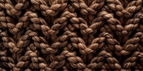 Close-up macro photography of a rich brown knitted wool fabric showcasing complex weaving and texture