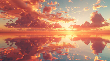 Shades of orange and pink paint the sky, mirrored below. 