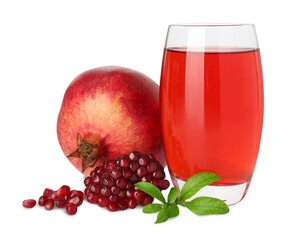 Refreshing pomegranate juice in glass, leaves, seeds and fruit isolated on white