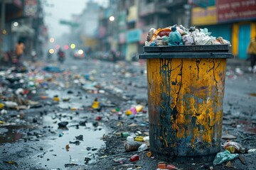 A full yellow garbage bin in a desolate urban street, symbolizing the growing problem of waste management in cities