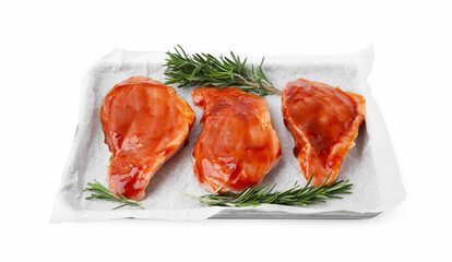 Raw marinated meat and rosemary isolated on white