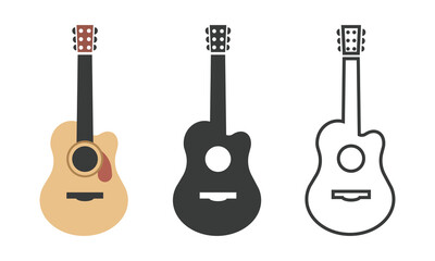 Acoustic guitar icon in different styles. Colored, black icon, and line icon. Guitar icon pictogram in flat, silhouette, linear style. Simple vector design sign, symbol, logo for music website, app