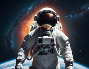 An astronaut in a spacesuit hovers in space