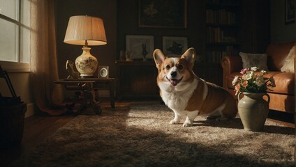 Small and adorable Corgi with its signature short legs and large ears in a cozy home environment - obrazy, fototapety, plakaty