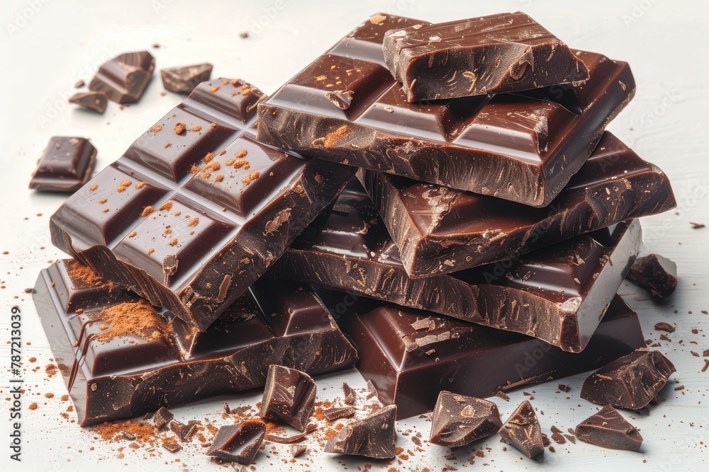 Poster a delectable pile of dark chocolate chunks and shards on a pristine white surface, hinting at indulg