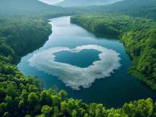 Paysage fantastique avec un coeur naturel au milieu d'un lac immense