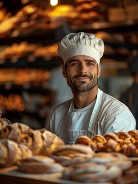 Happy brunette bakery man chef in supermarket bakery section