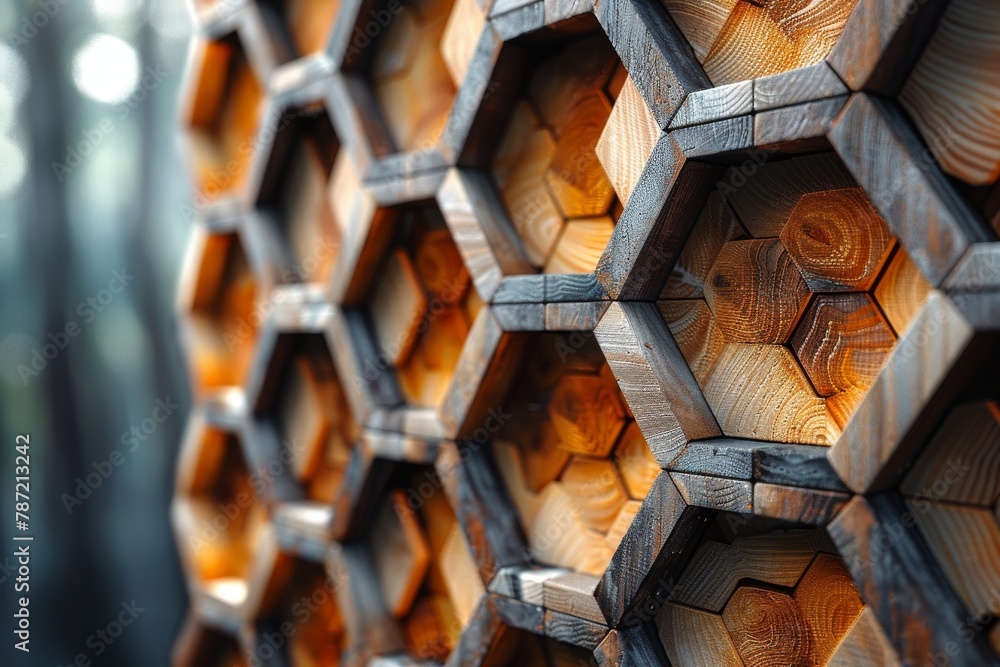 Poster intricate geometric pattern of hexagonal wooden blocks creating a rustic yet modern wall texture