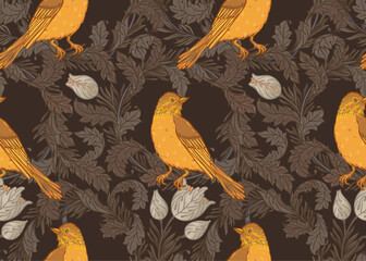 Vintage style seamless pattern with Floral wreath and birds for retro wallpapers. Enchanted Vintage Flowers. Arts and Crafts movement inspired. Design for wrapping paper, wallpaper, fabrics and