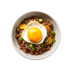 plate of mexican food with a fried egg and avocado on transparent background