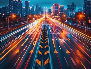 Fototapeta premium At night, the trajectory of car taillights on city streets.