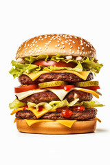 A huge hamburger with lots of toppings including lettuce, tomatoes, pickles