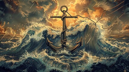 illustration of an anchor with waves, in the style of tattoo flash art