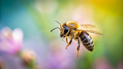 Blurred Summer Background with Honey Bee Close up