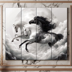 Panel wall art, home decoration with black white horse and grey smock illustration, wall mockup decor art luxurious marble background, 3D illustration - Generative AI