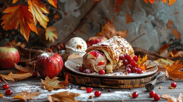 Stylish menu featuring apple strudel and ice cream ball in an autumn themed still life setting Text space available