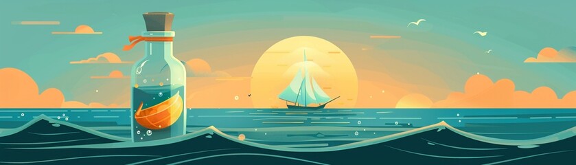 Fototapeta premium A bottle with a calm, oceanlike scene inside, symbolizing peace and containment of feelings , simple vector cartoon