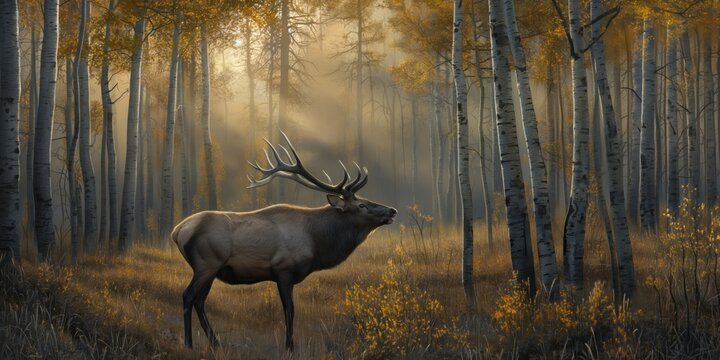 This serene image depicts an elk in the calm of a misty forest during fall, symbolizing solitude and the beauty of nature