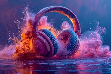 Captivating image showing headphones with dramatic, explosive paint splashes representing music's...